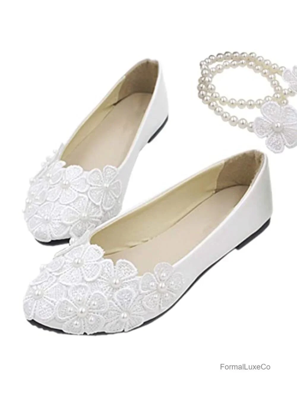 Bridal Flats Lace Flowers Wedding Shoes Ankle Pearl Beads Princess Ballet Flats